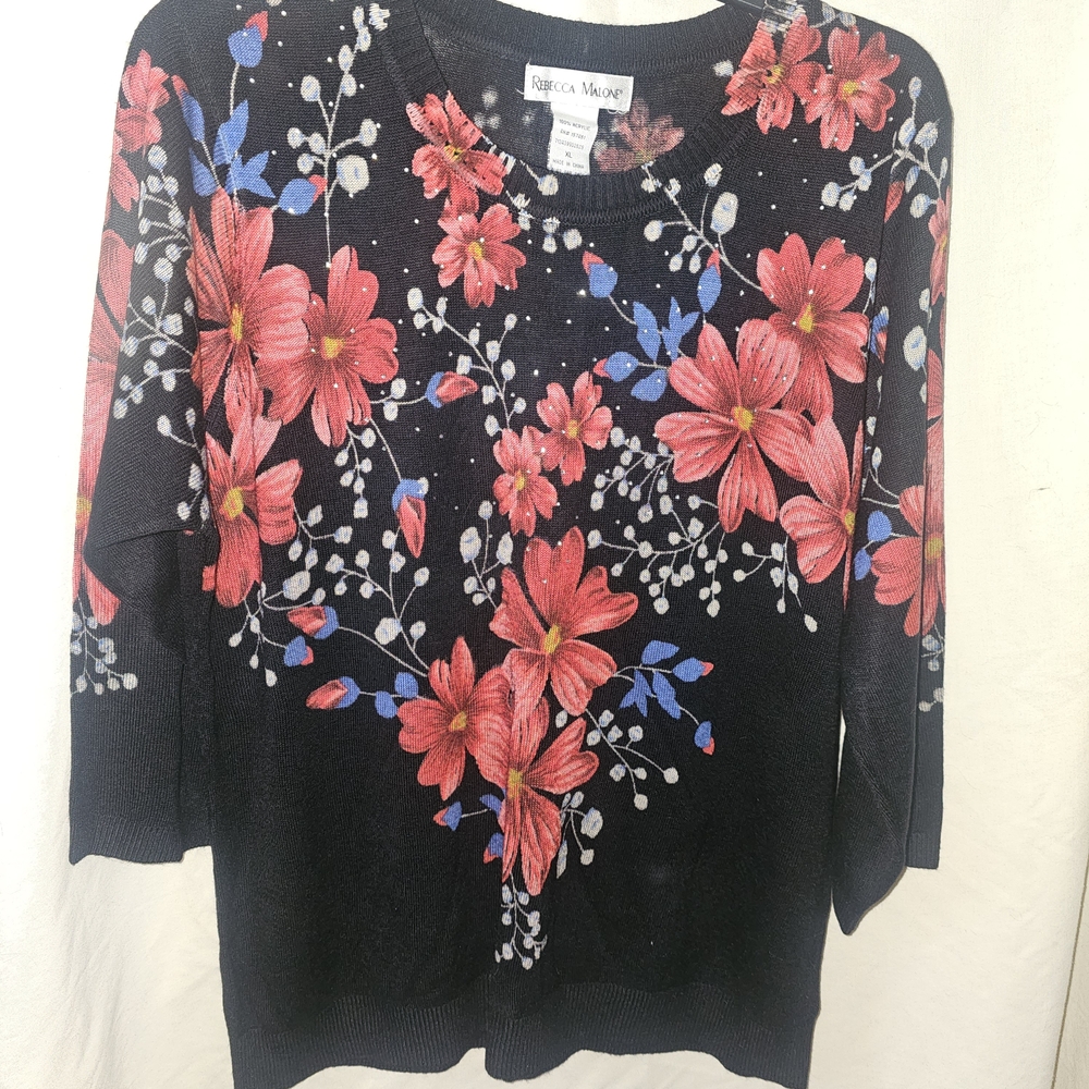 Rebecca Malone Black Floral Sweater with Pink Blooms
